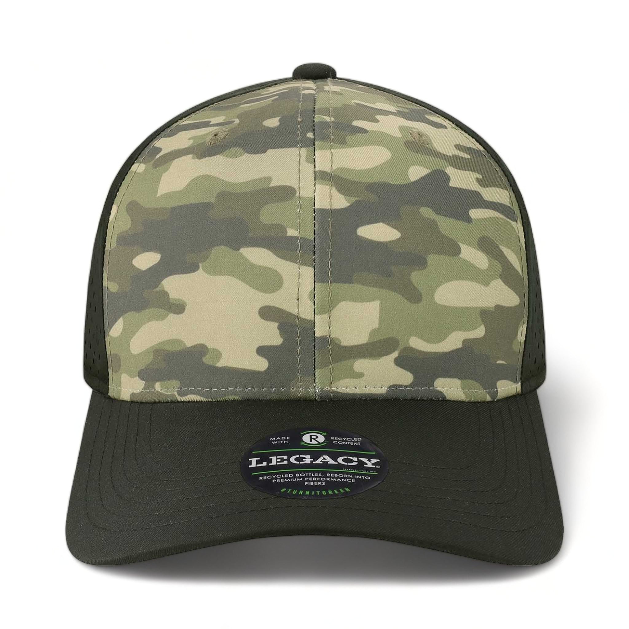 Front view of LEGACY REMPA custom hat in dark olive green camo and black
