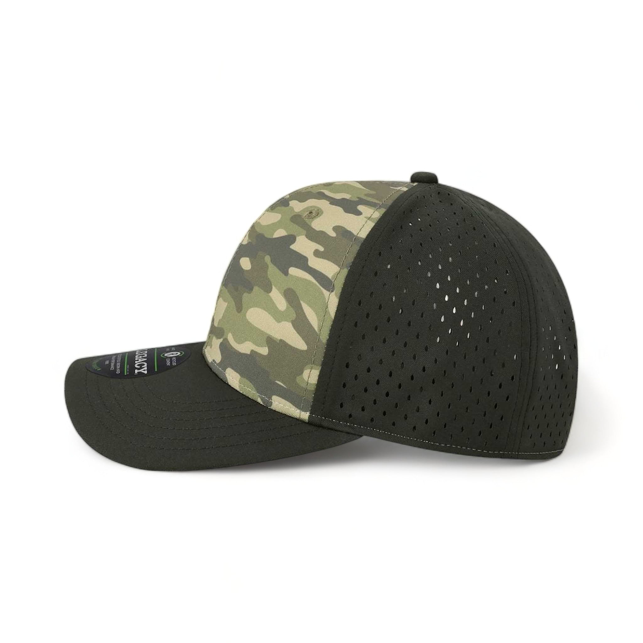 Side view of LEGACY REMPA custom hat in dark olive green camo and black