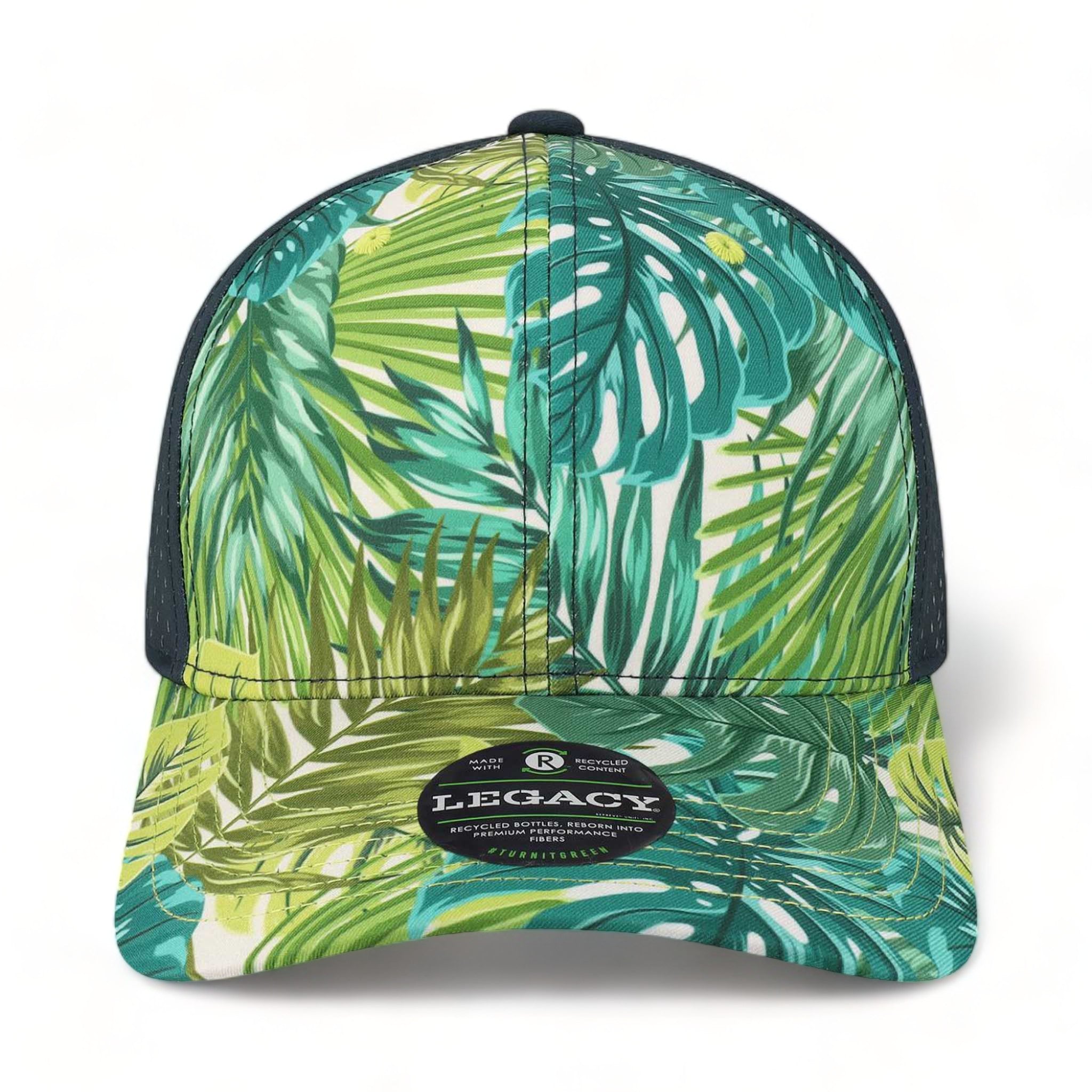 Front view of LEGACY REMPA custom hat in tropical blue leaves and navy