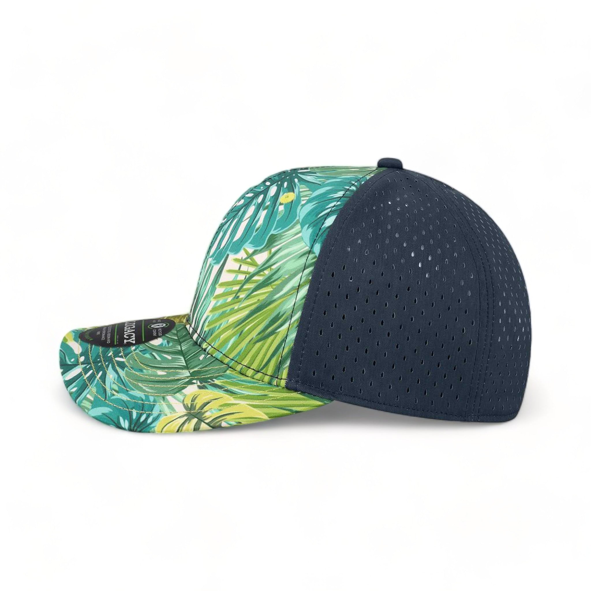 Side view of LEGACY REMPA custom hat in tropical blue leaves and navy