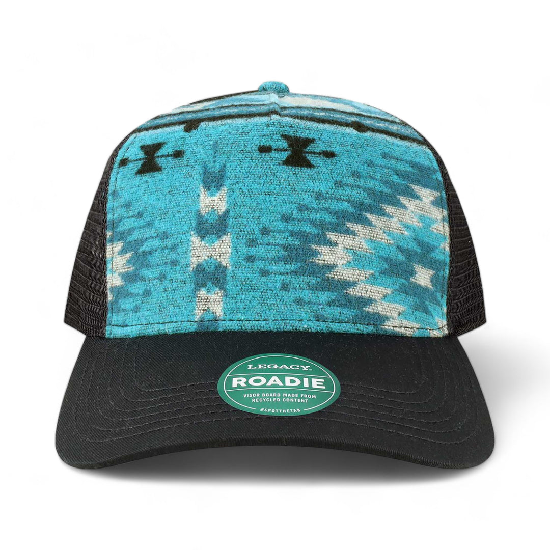 Front view of LEGACY ROADIE custom hat in aqua aztec and  black