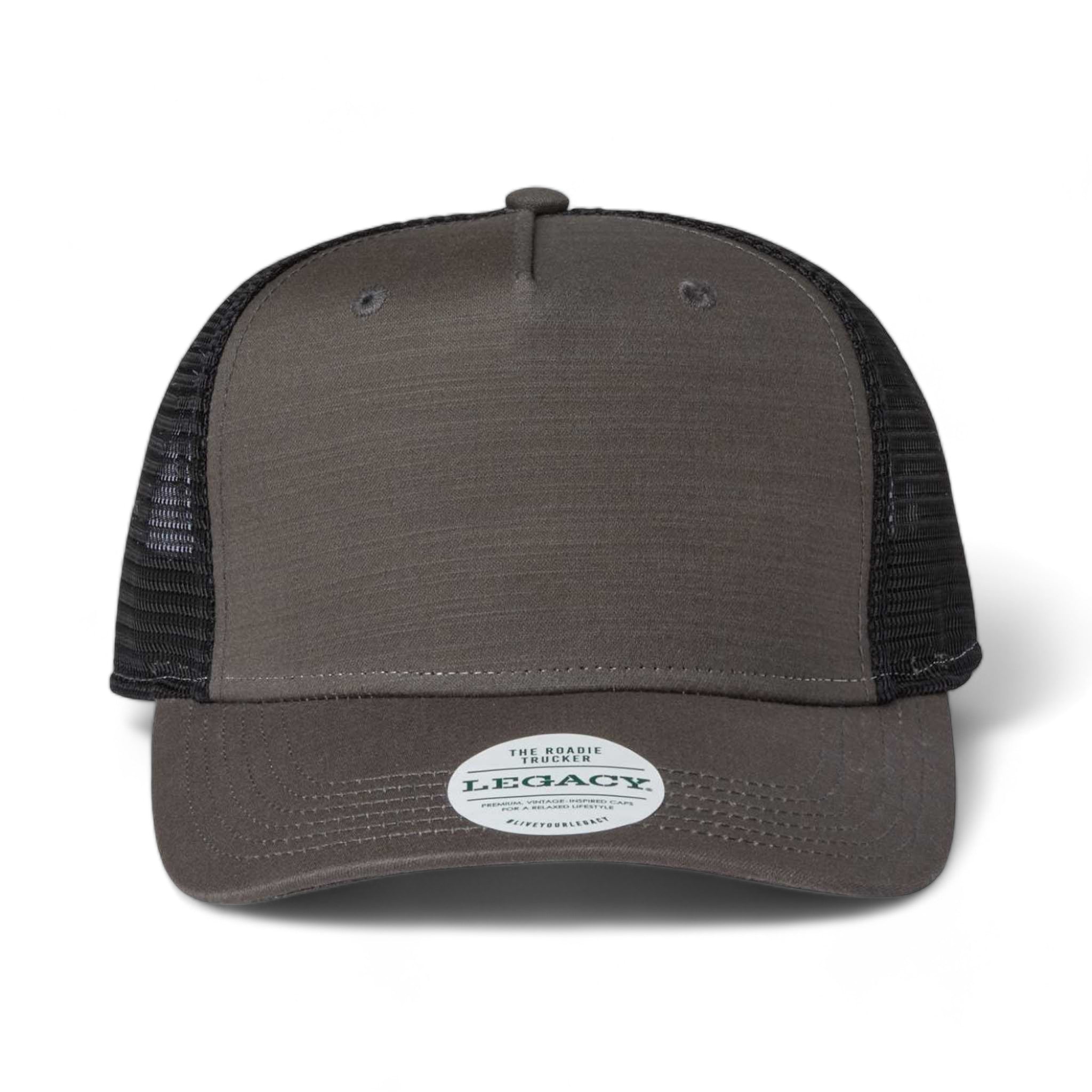 Front view of LEGACY ROADIE custom hat in charcoal slub and  black