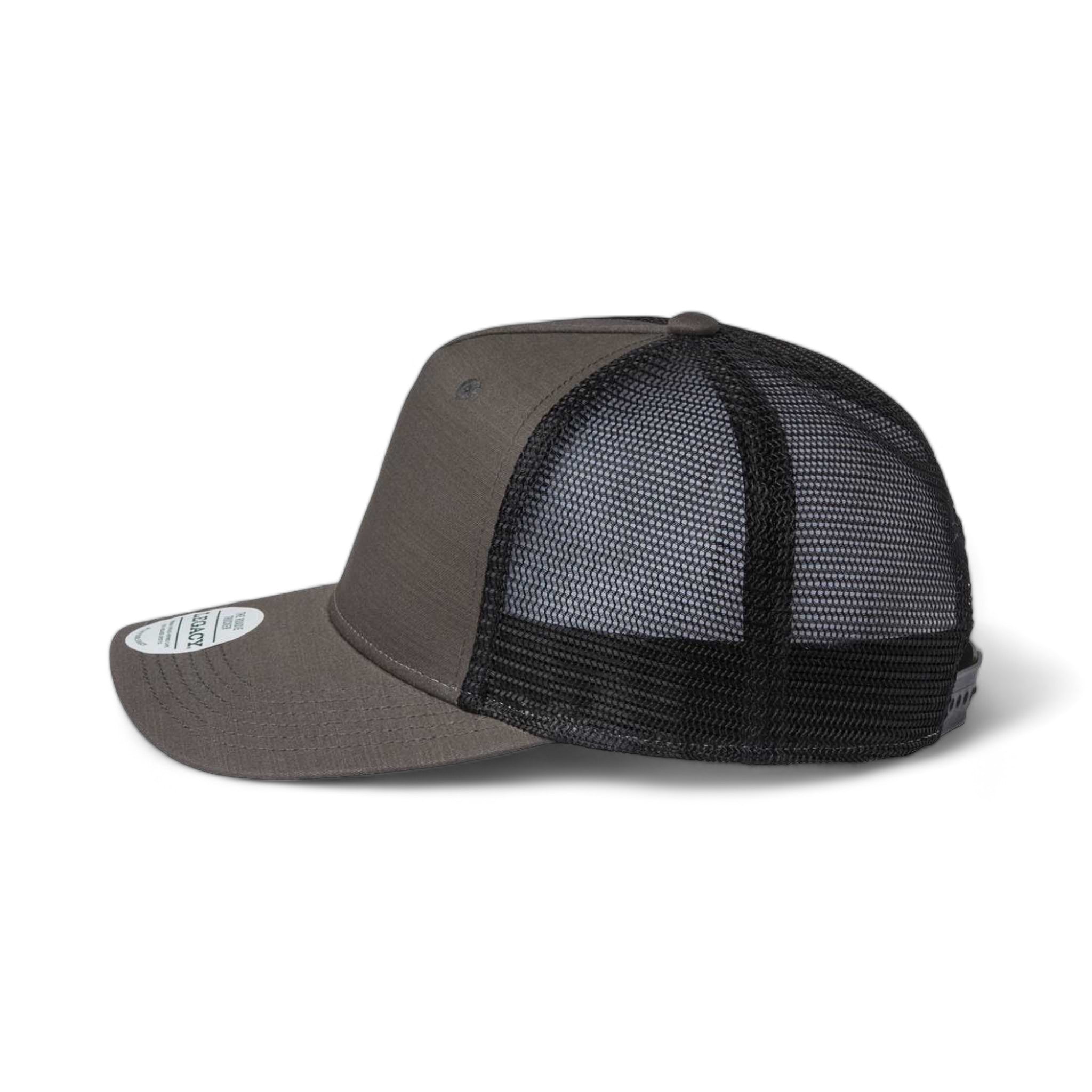 Side view of LEGACY ROADIE custom hat in charcoal slub and  black