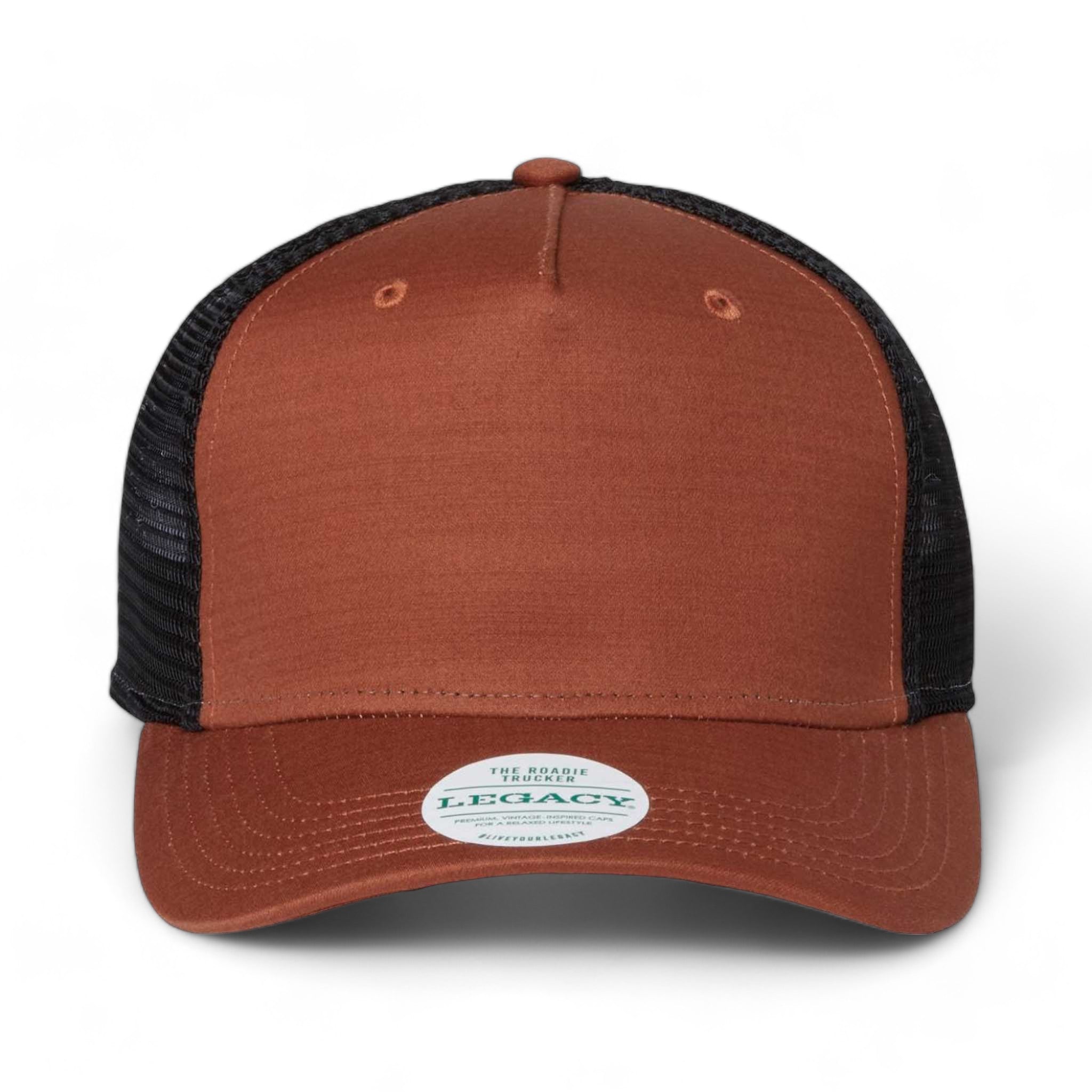 Front view of LEGACY ROADIE custom hat in copper slub and  black