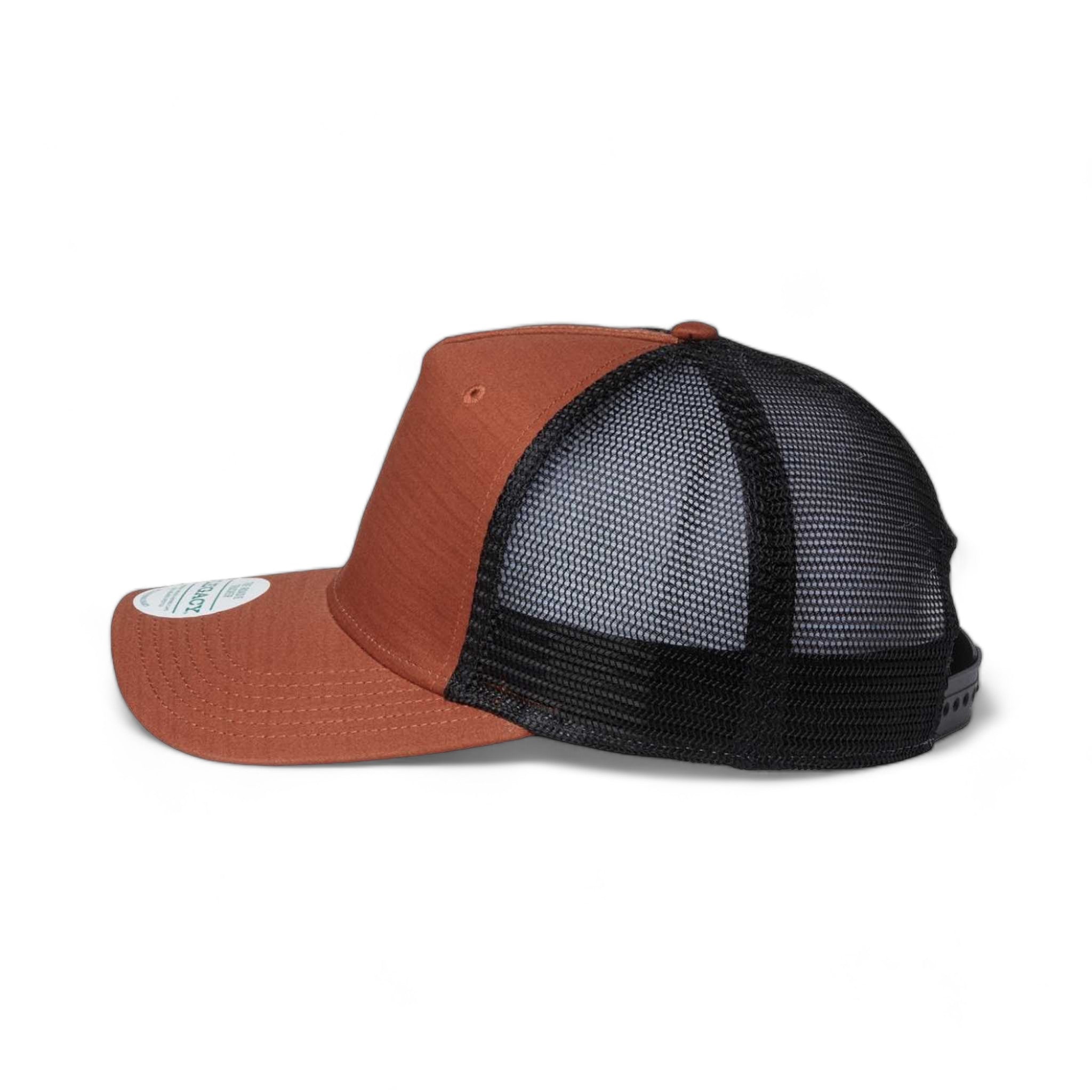 Side view of LEGACY ROADIE custom hat in copper slub and  black