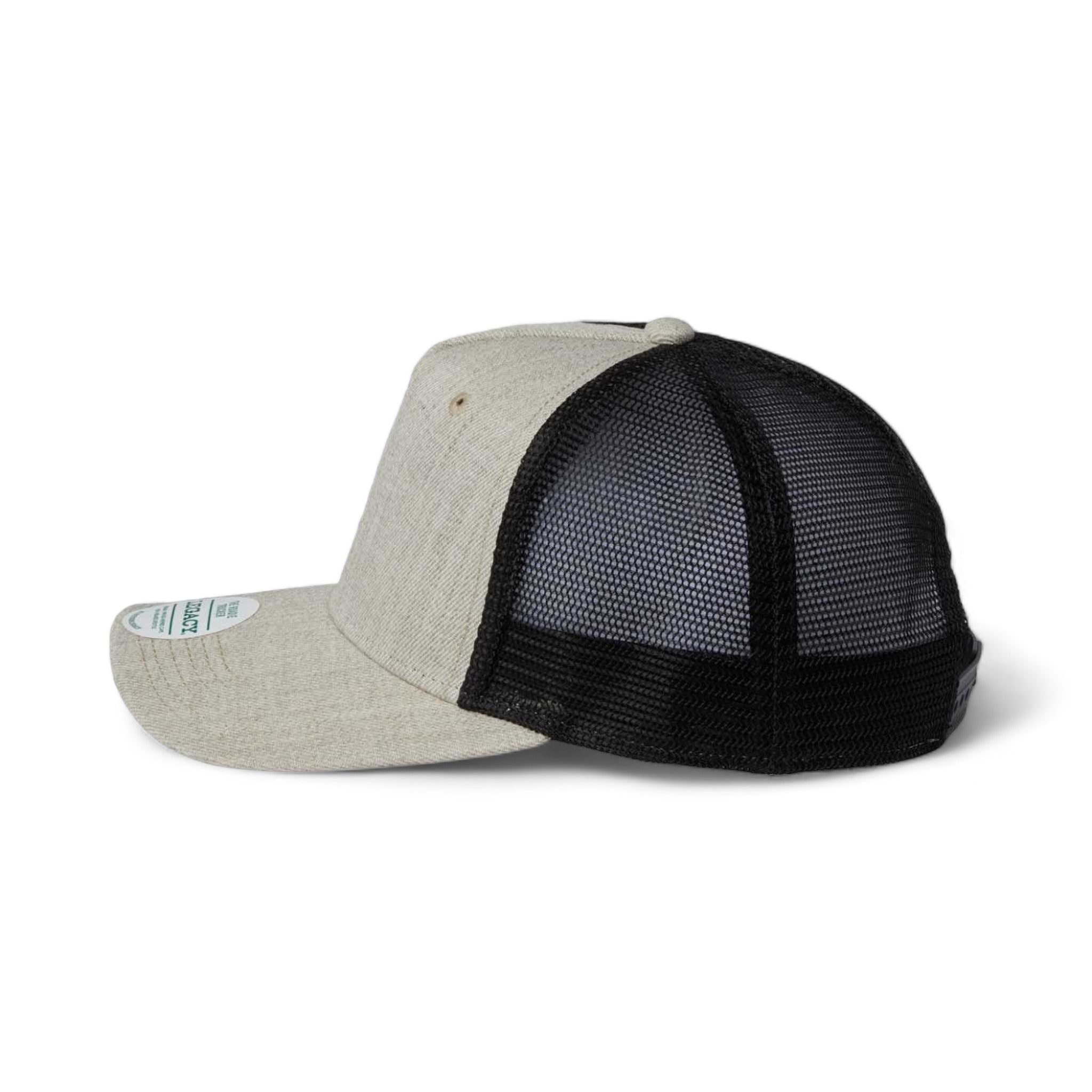 Side view of LEGACY ROADIE custom hat in heather tan and  black