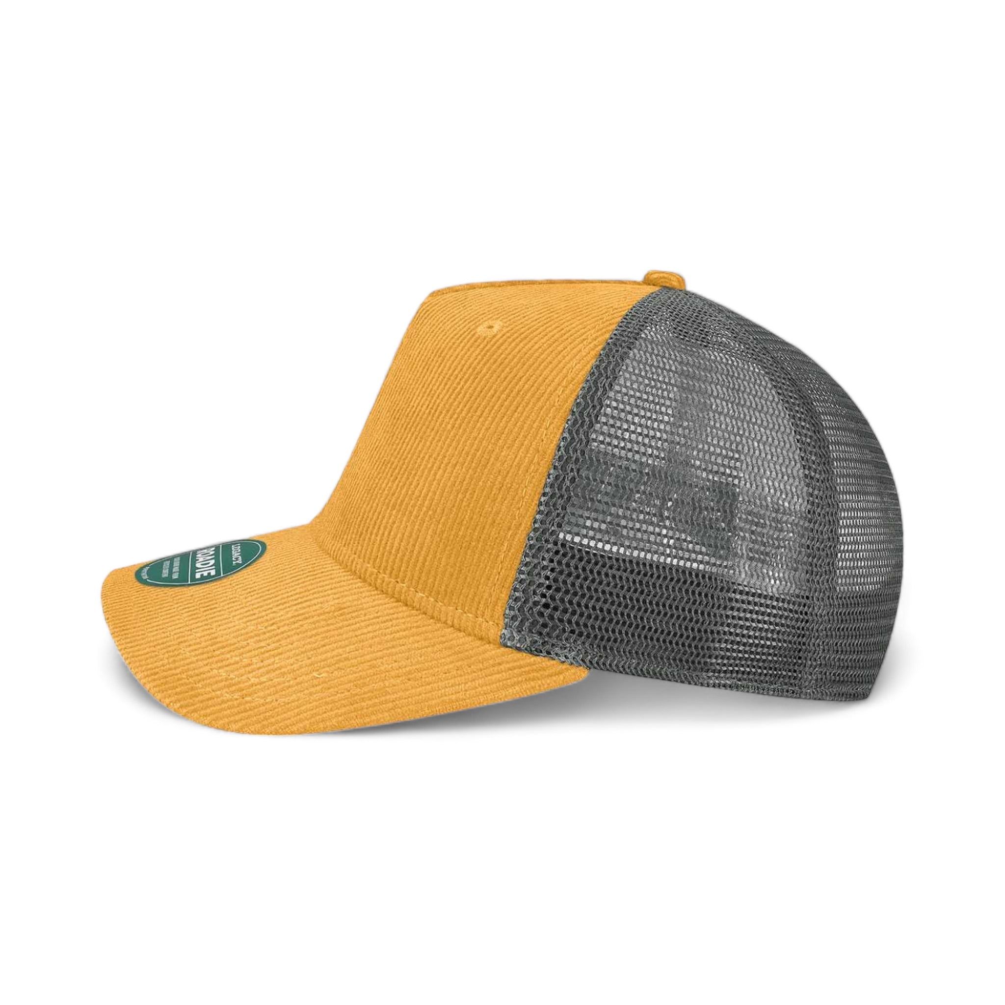Side view of LEGACY ROADIE custom hat in mustard corduroy and  dark grey