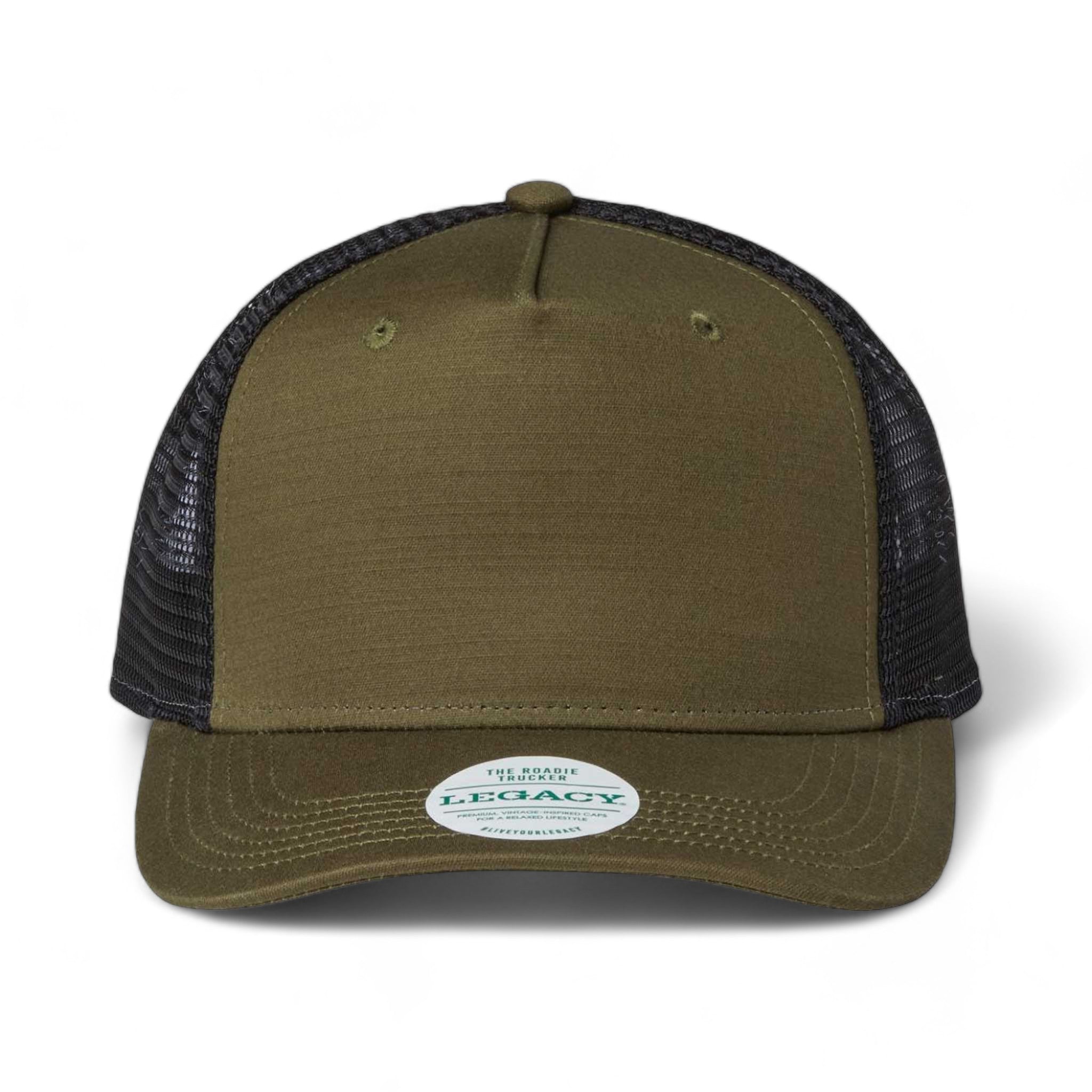 Front view of LEGACY ROADIE custom hat in olive slub and  black