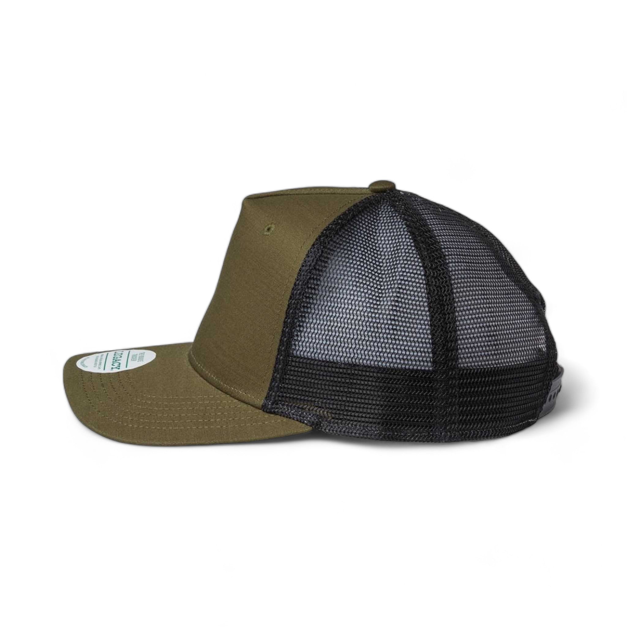 Side view of LEGACY ROADIE custom hat in olive slub and  black