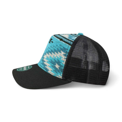 Side view of LEGACY ROADIE custom hat in aqua aztec and  black