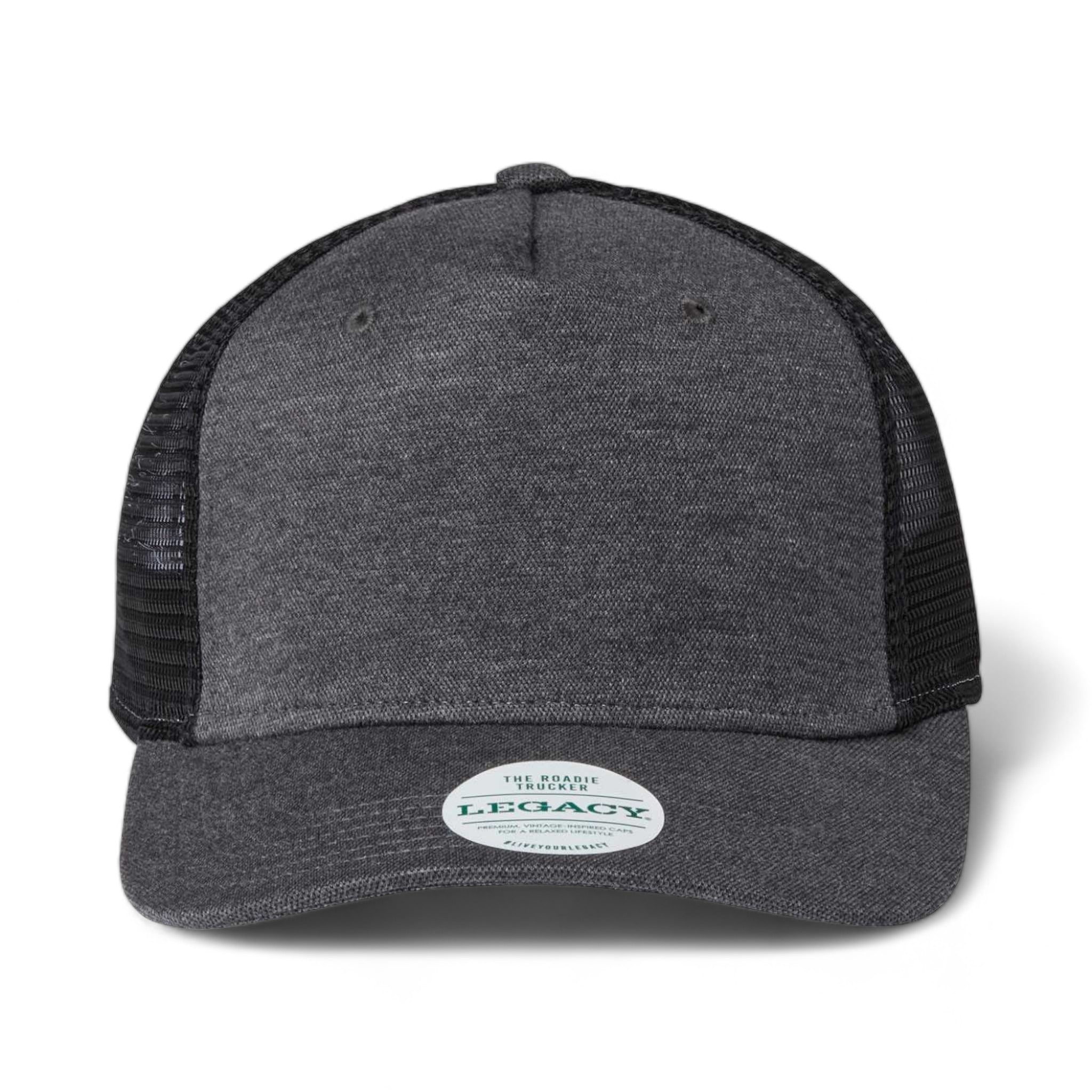 Front view of LEGACY ROADIE custom hat in black and  black
