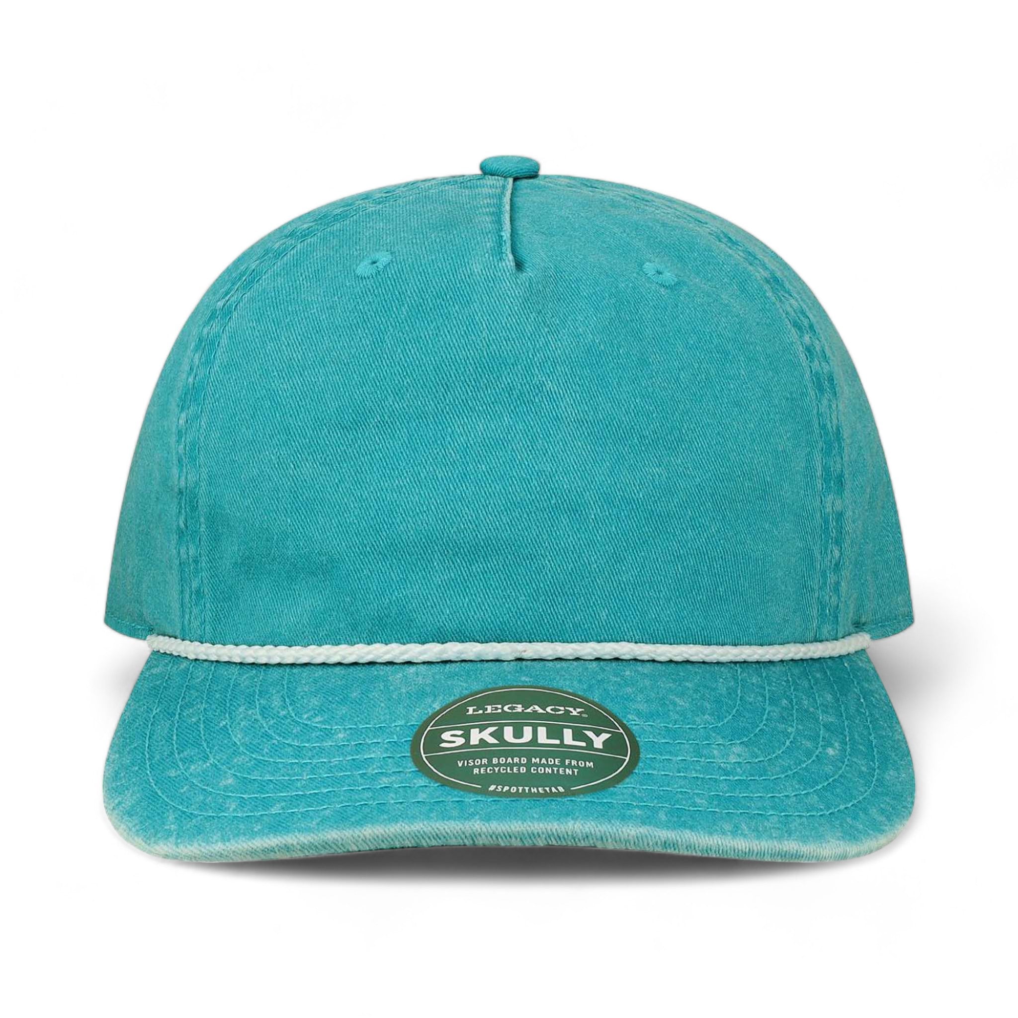 Front view of LEGACY SKULLY custom hat in aqua