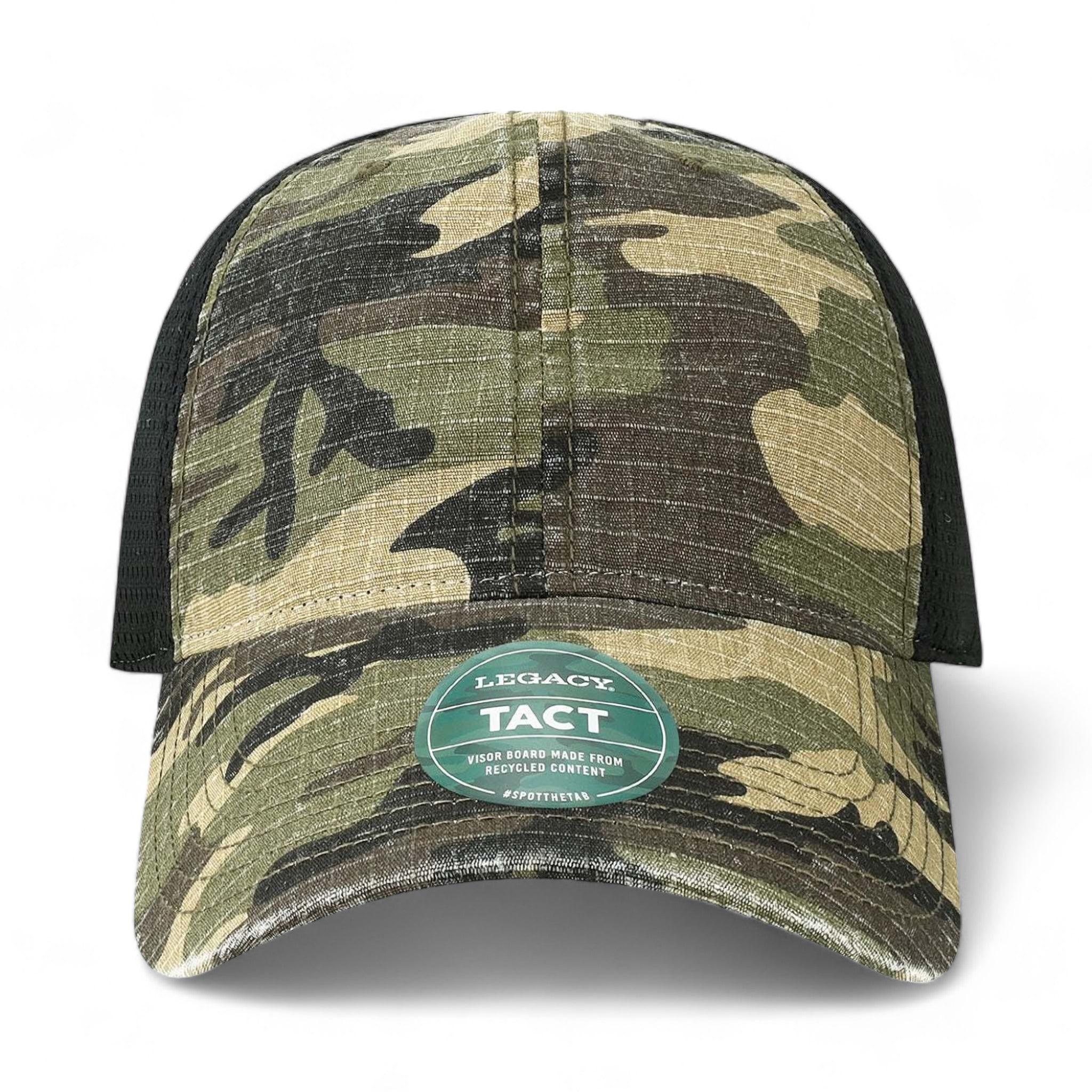 Front view of LEGACY TACT custom hat in army camo and black