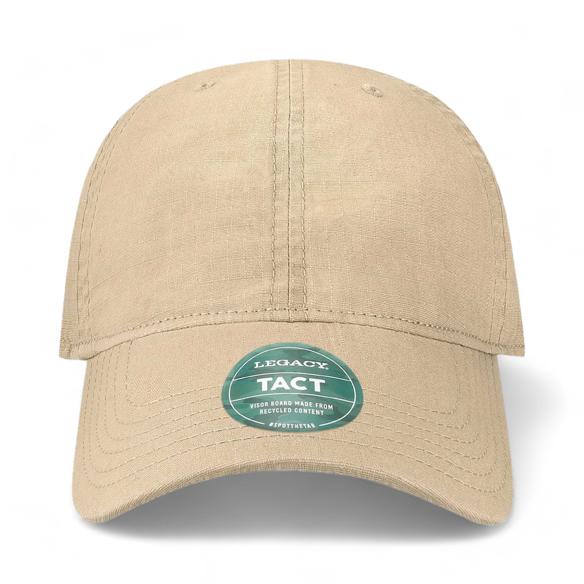 Front view of LEGACY TACT custom hat in khaki