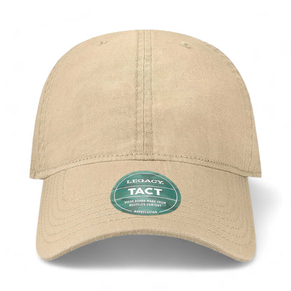 Front view of LEGACY TACT custom hat in khaki