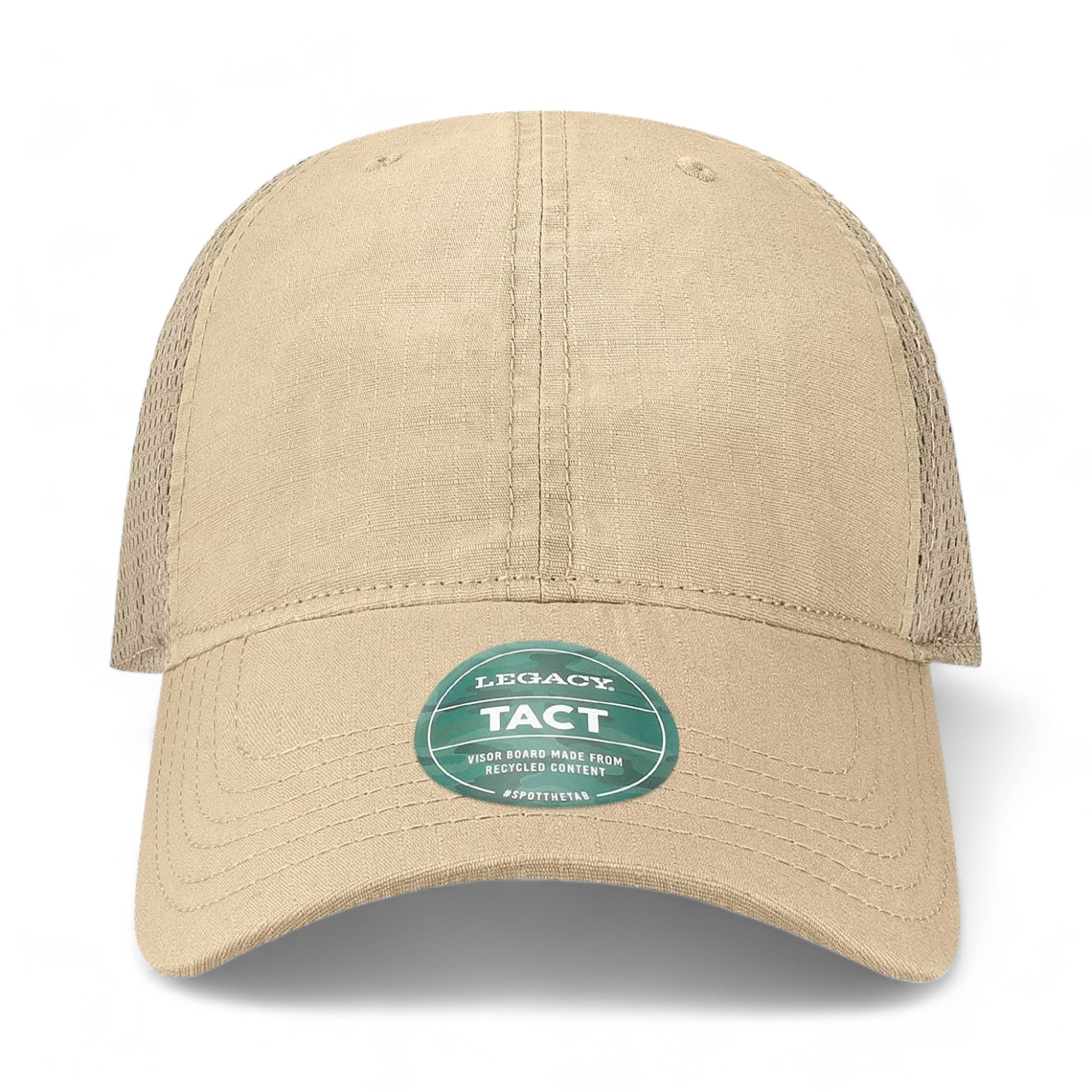 Front view of LEGACY TACT custom hat in khaki and khaki