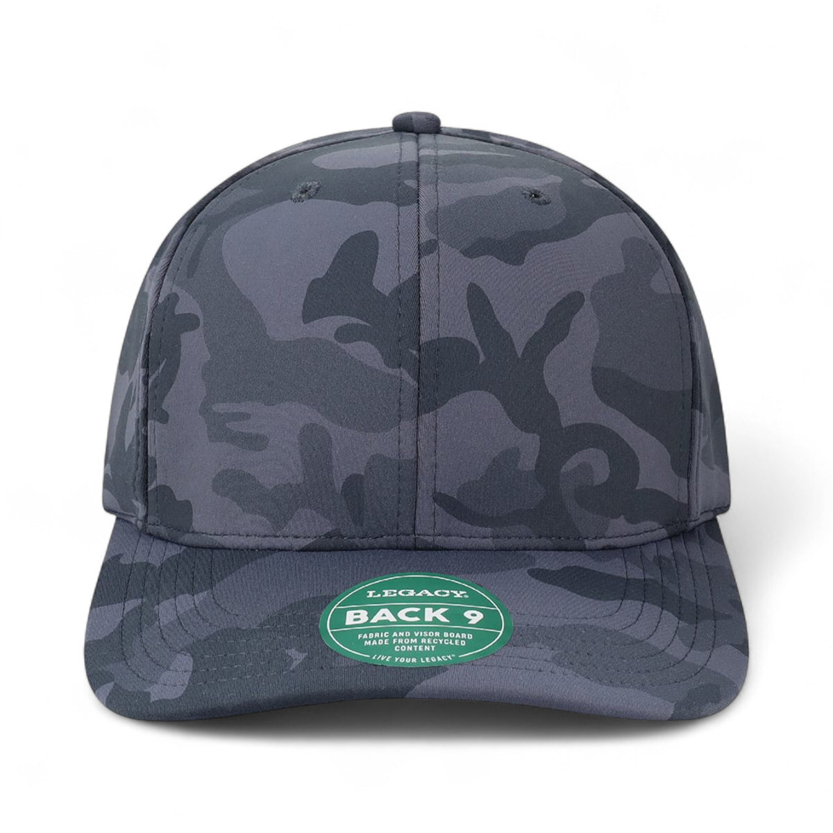 Front view of Legacy B9A custom hat in midnight camo