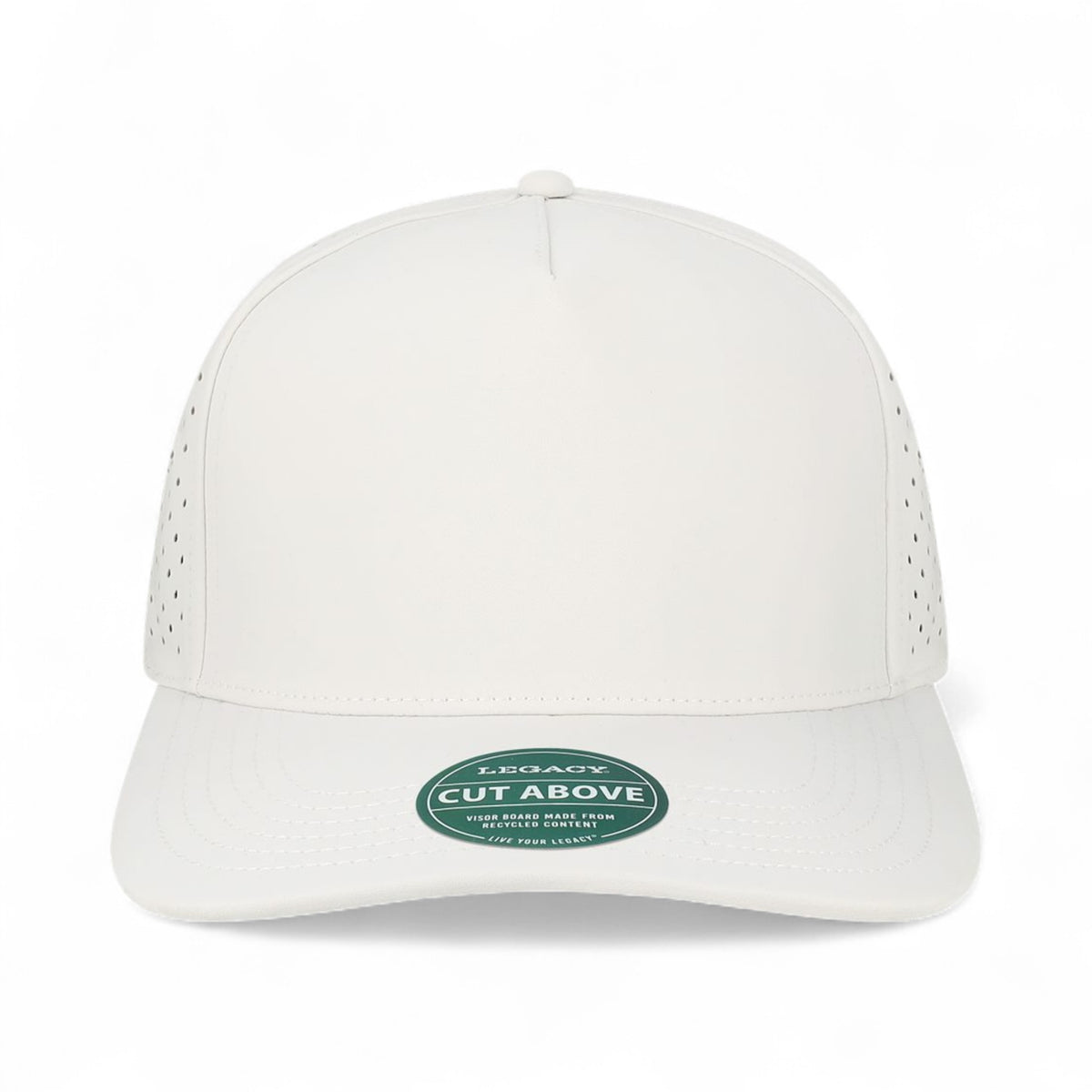 Front view of Legacy CUT custom hat in white