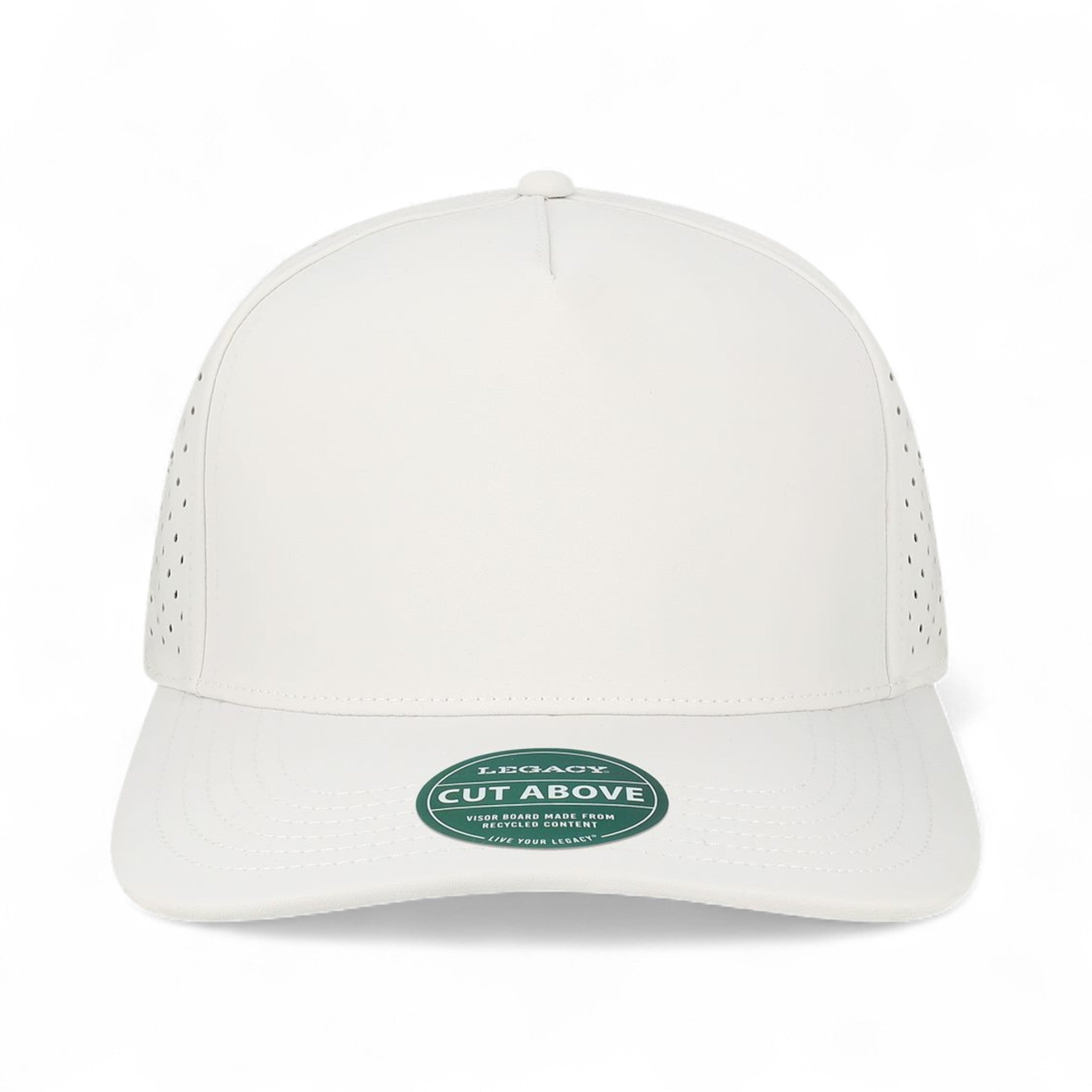Front view of Legacy CUT custom hat in white