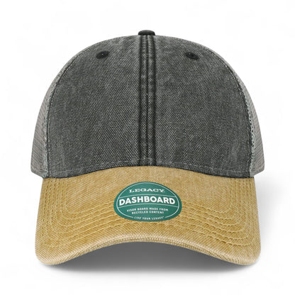 Front view of LEGACY DTA custom hat in black, camel and grey