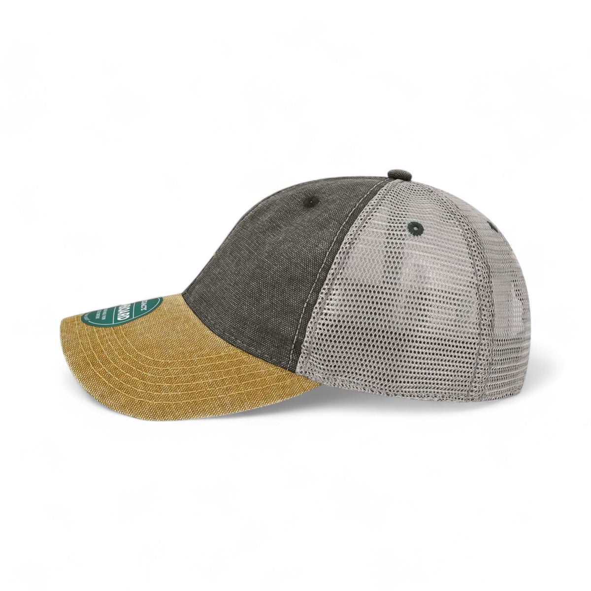 Left side view of Legacy DTA custom hat in black, camel and grey