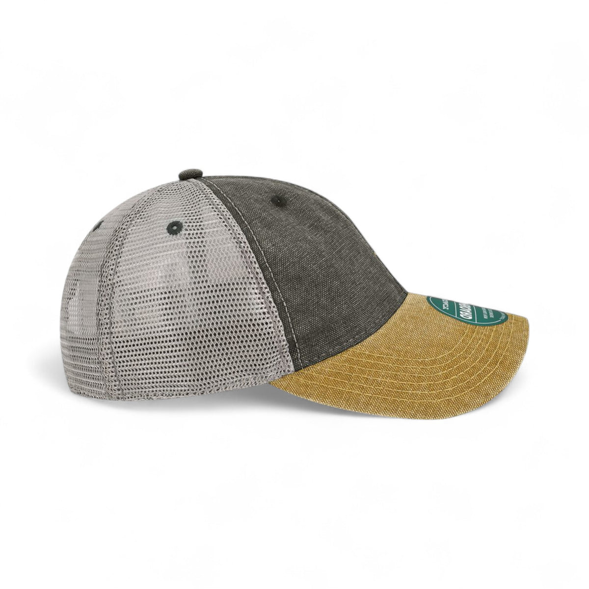 Right side view of Legacy DTA custom hat in black, camel and grey