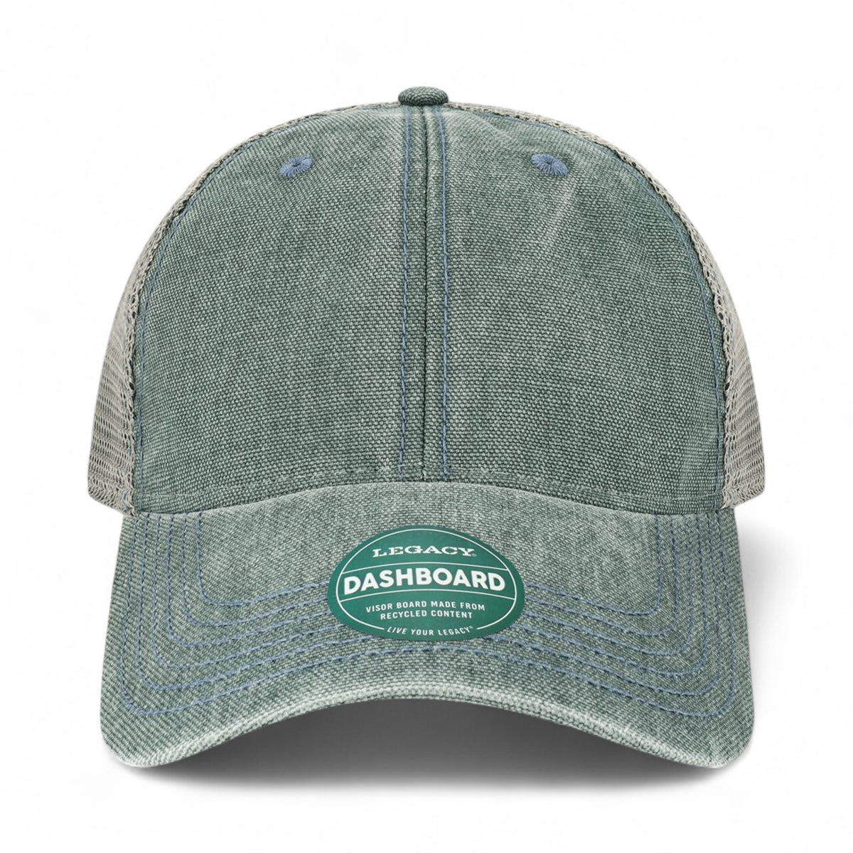 Front view of LEGACY DTA custom hat in blue steel and grey