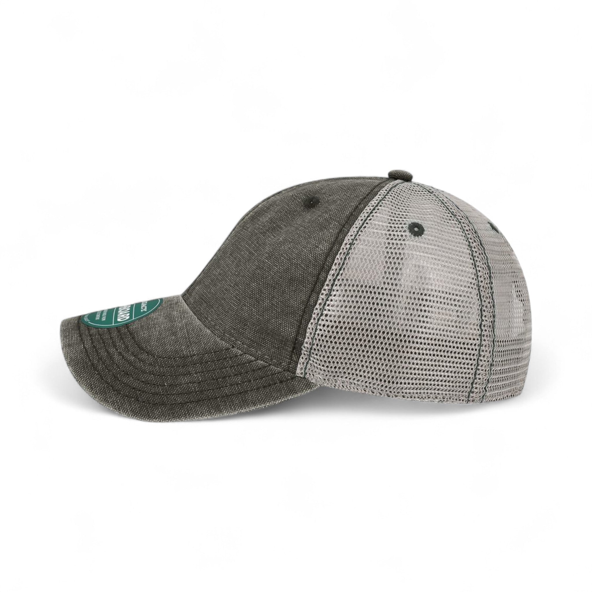 Left side view of Legacy DTA custom hat in black and grey