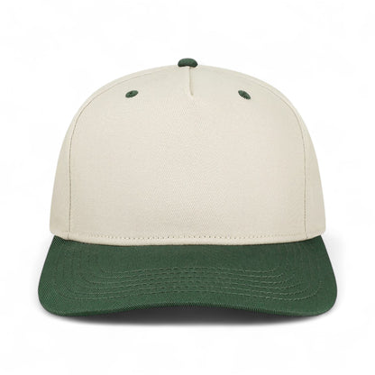 Front view of Legacy HTA custom hat in stone and dark green