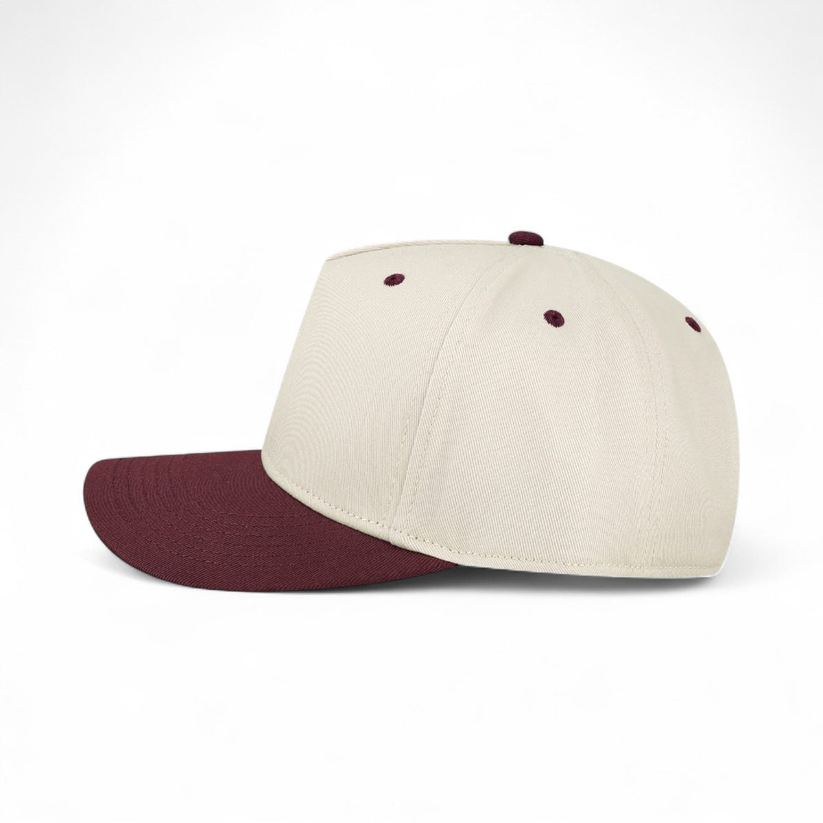 Left side view of Legacy HTA custom hat in stone and maroon