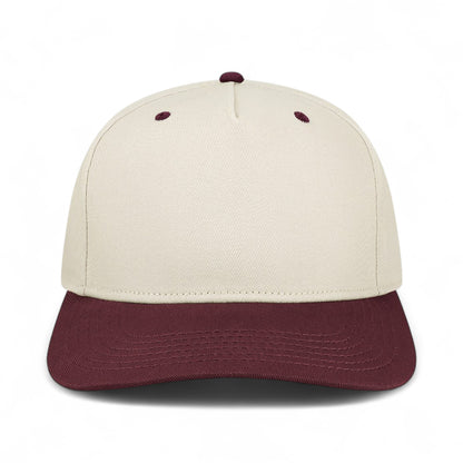 Front view of Legacy HTA custom hat in stone and maroon