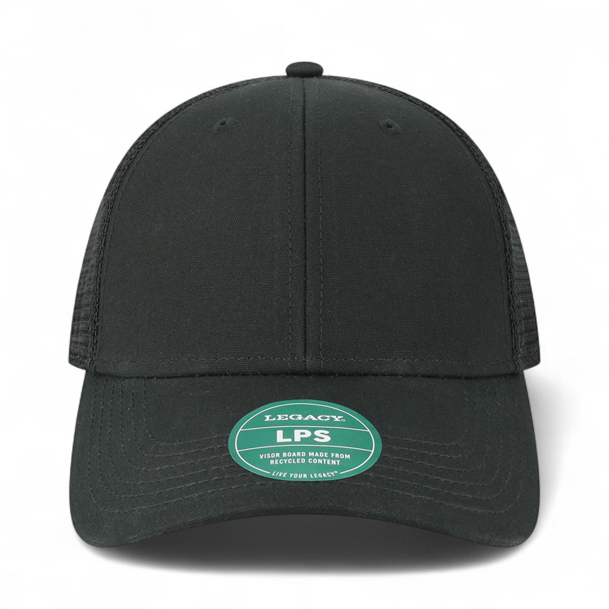Front view of LEGACY LPS custom hat in black and black