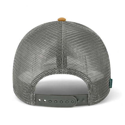 Back view of LEGACY LPS custom hat in caramel and dark grey