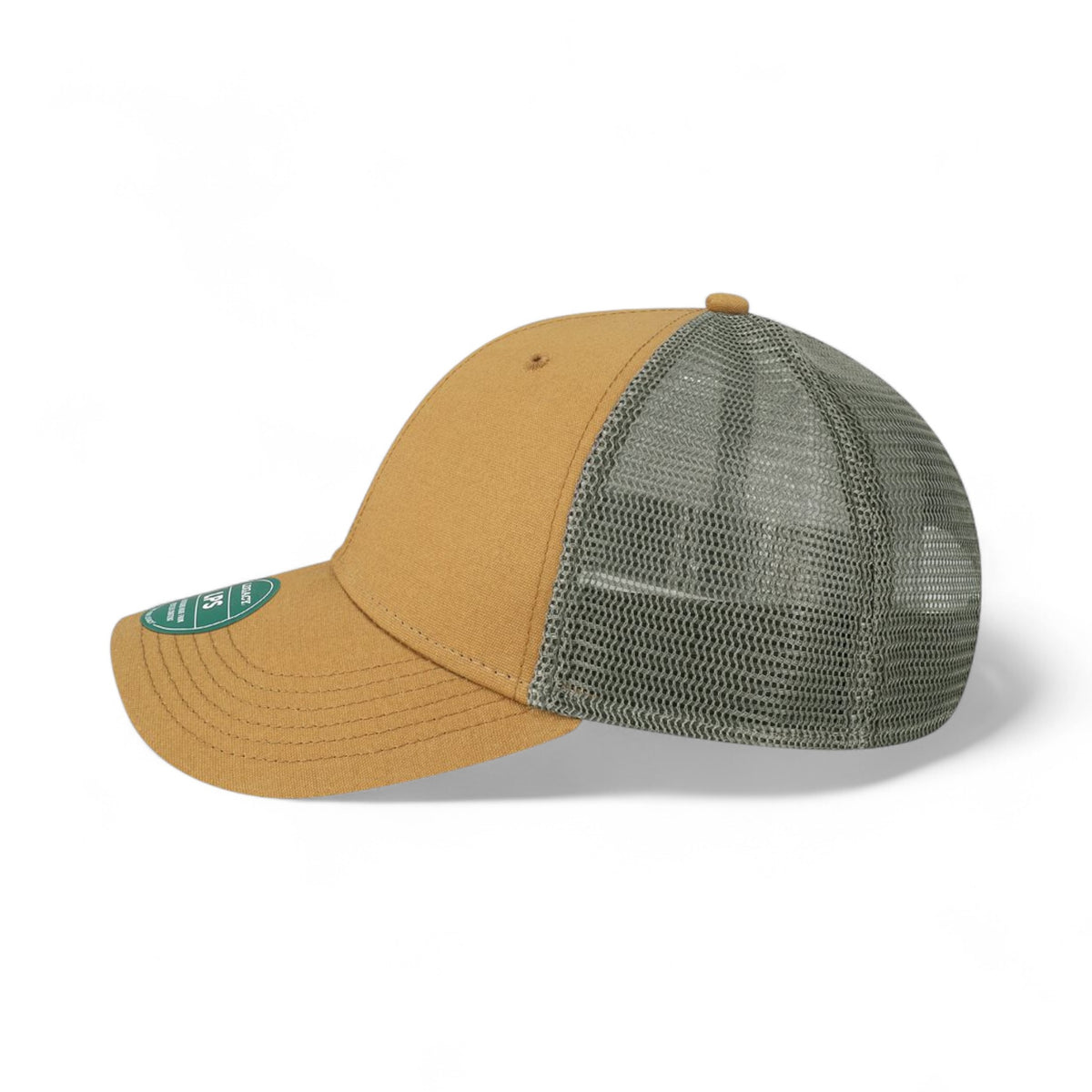 Left side view of Legacy LPS custom hat in caramel and dark grey