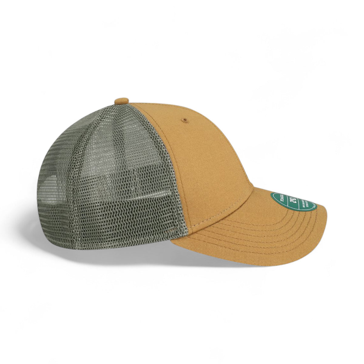 Right side view of Legacy LPS custom hat in caramel and dark grey