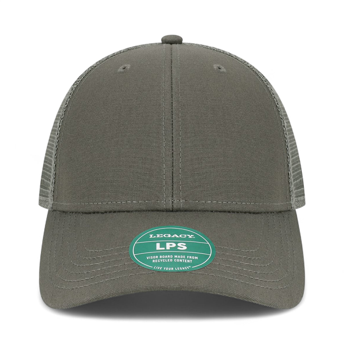 Front view of LEGACY LPS custom hat in dark grey and dark grey