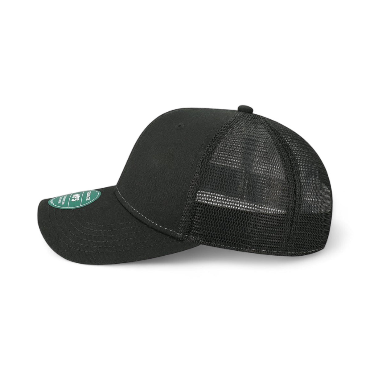Left side view of Legacy MPS custom hat in black and black