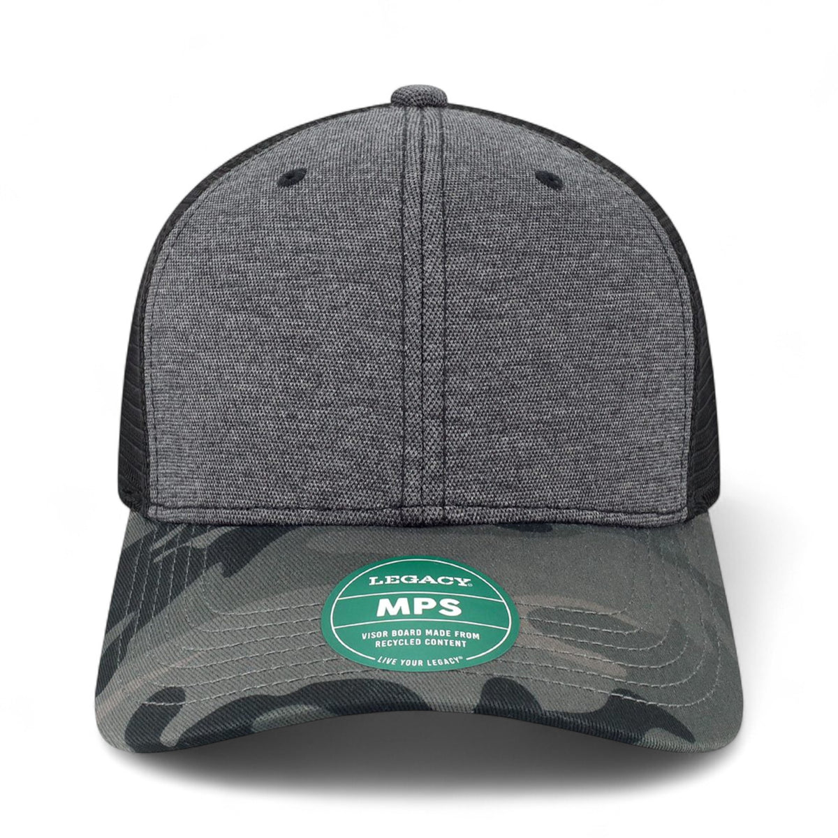 Front view of LEGACY MPS custom hat in black and camo