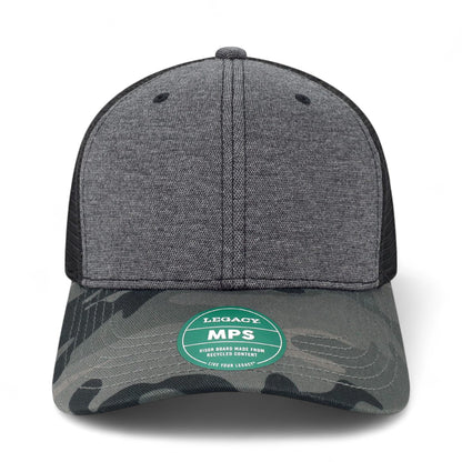 Front view of LEGACY MPS custom hat in black and camo