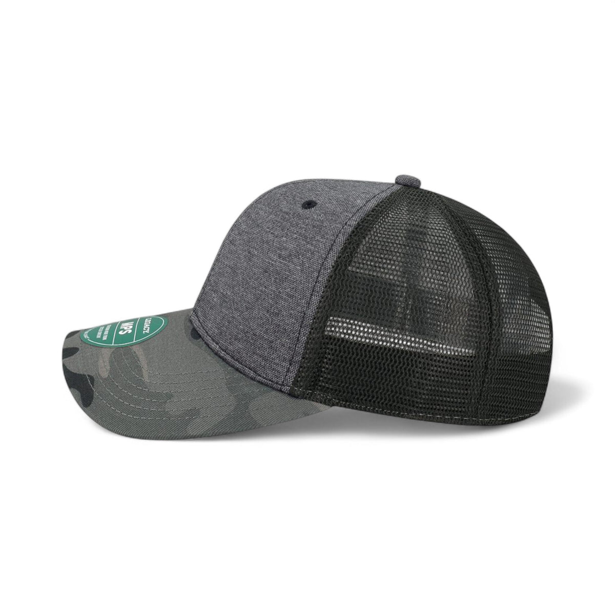 Left side view of Legacy MPS custom hat in black and camo