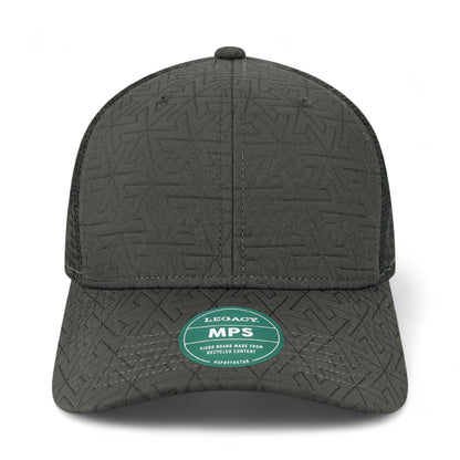 Front view of LEGACY MPS custom hat in black z - quilted