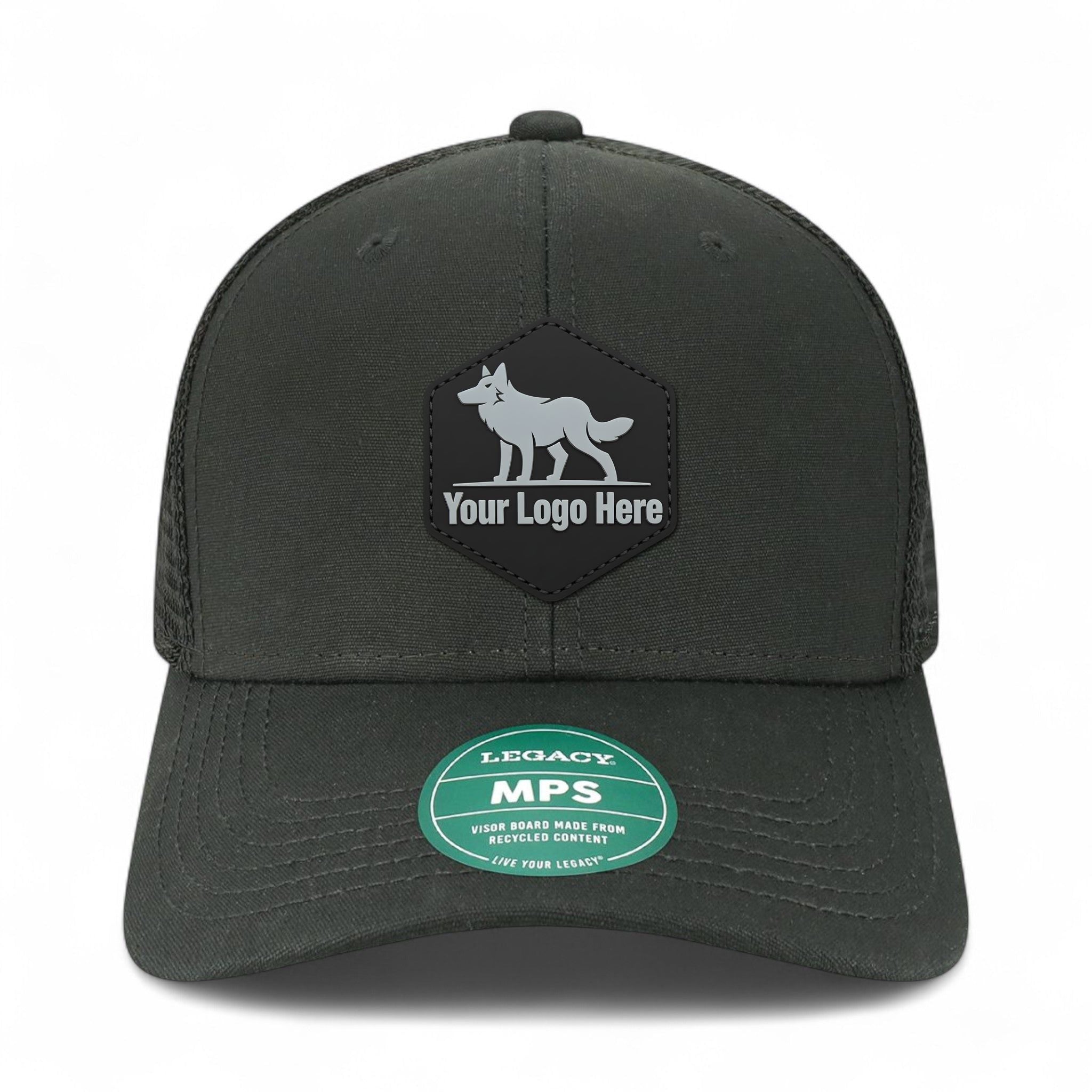 PVC patch preview of Legacy MPS custom hat in black and black