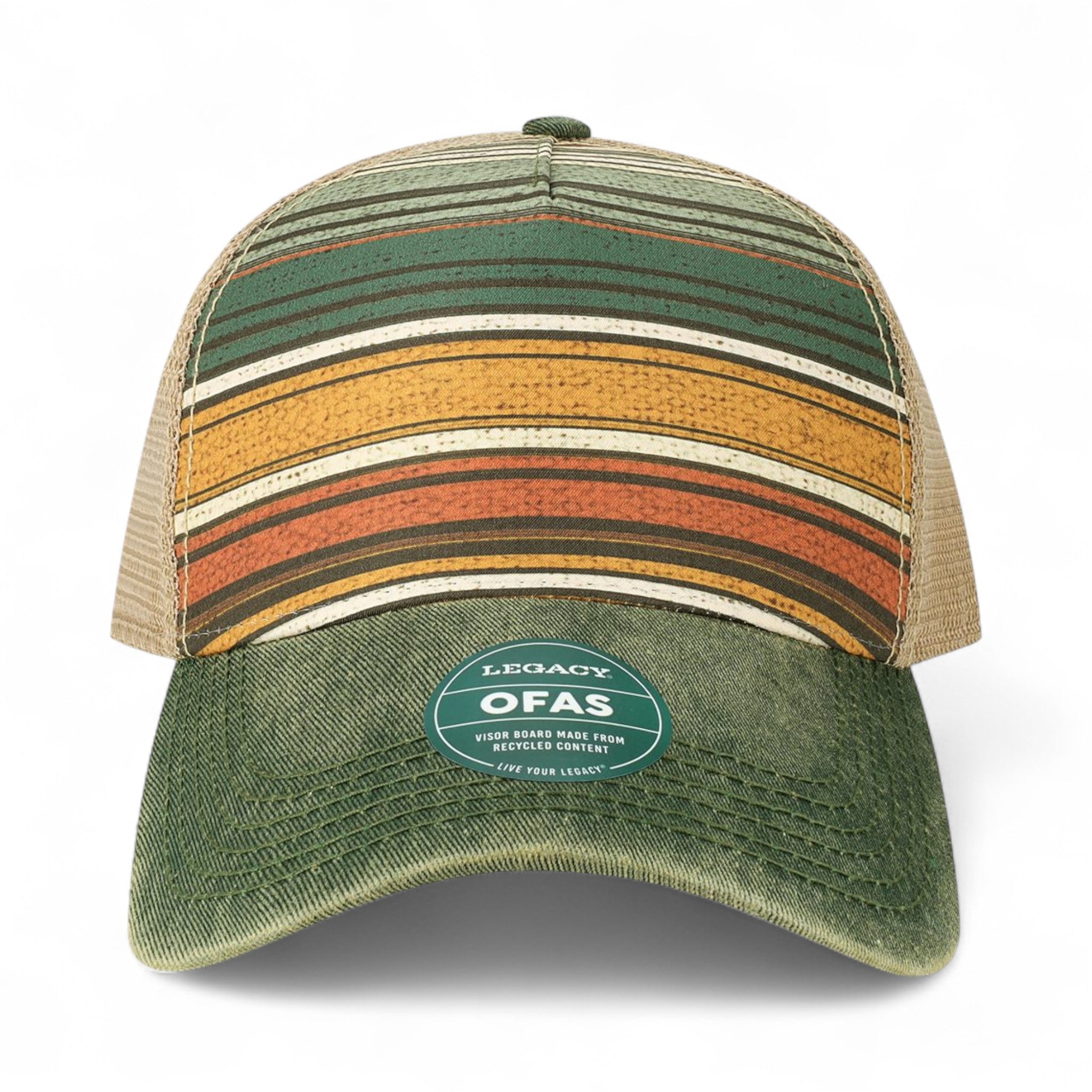 Front view of Legacy OFAFP custom hat in green stripe