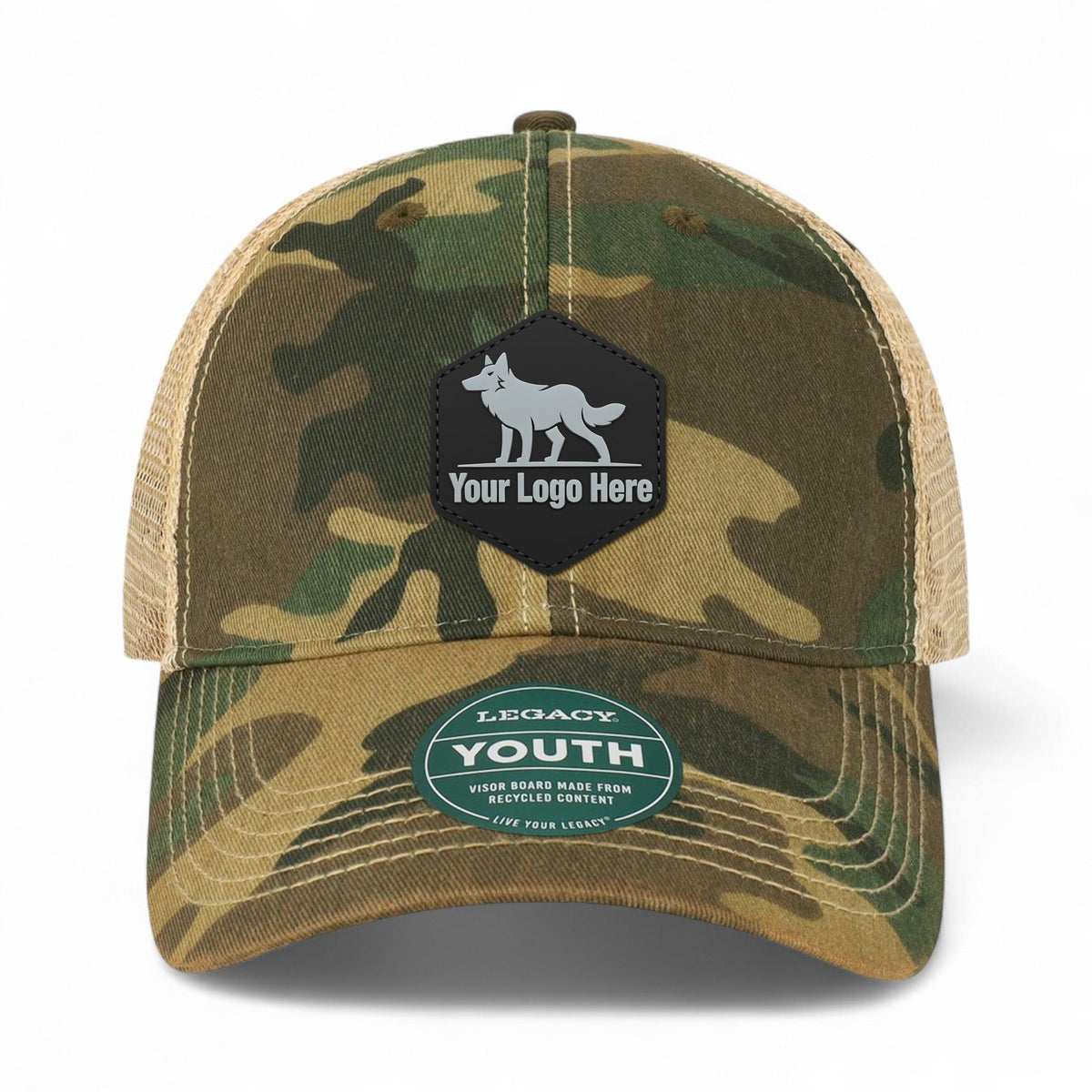 PVC patch preview of Legacy OFAY custom hat in army camo and khaki