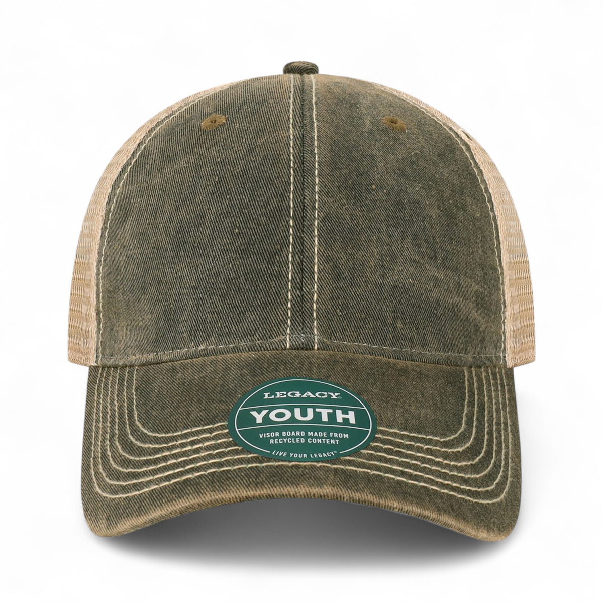 Front view of LEGACY OFAY custom hat in black and khaki