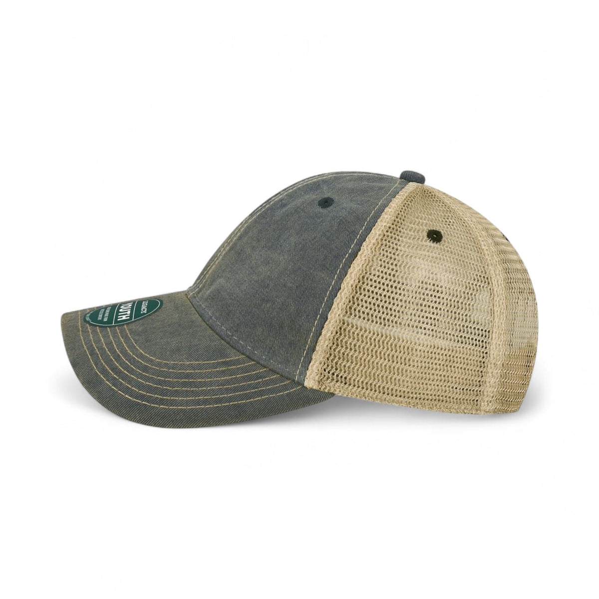 Left side view of Legacy OFAY custom hat in navy and khaki