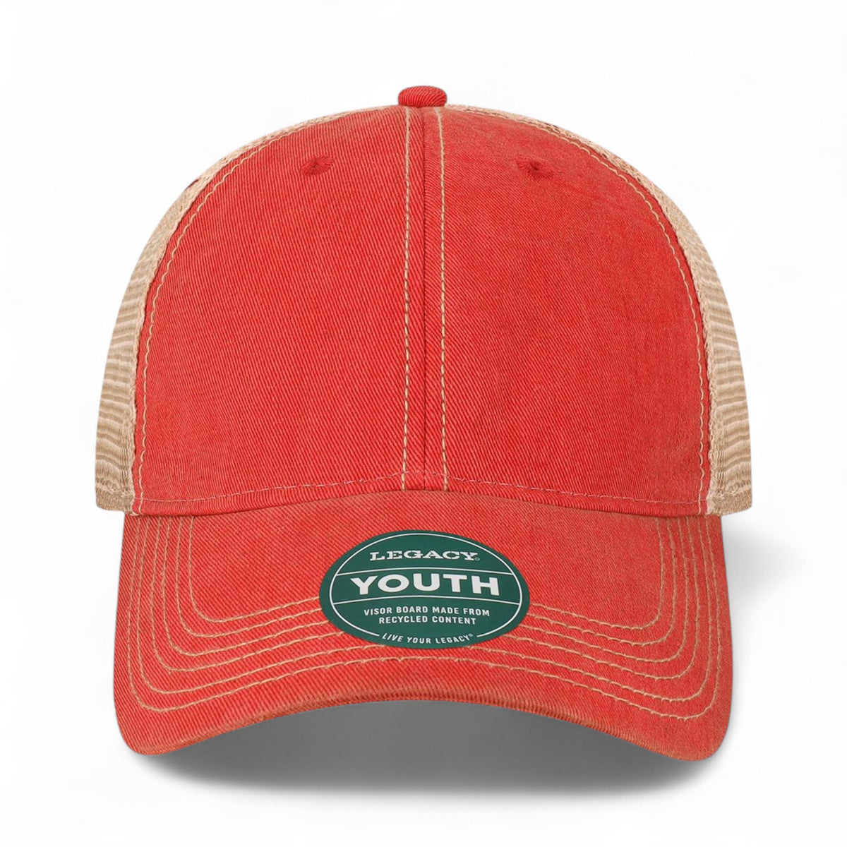 Front view of LEGACY OFAY custom hat in scarlet red and khaki