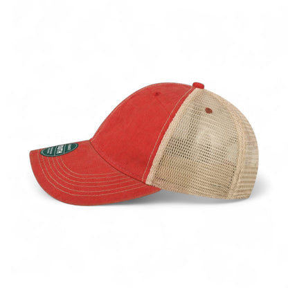 Left side view of Legacy OFAY custom hat in scarlet red and khaki