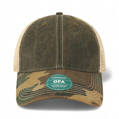 Front view of LEGACY OFA custom hat in black, army camo and khaki