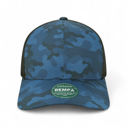 Front view of LEGACY REMPA custom hat in blue camo and black